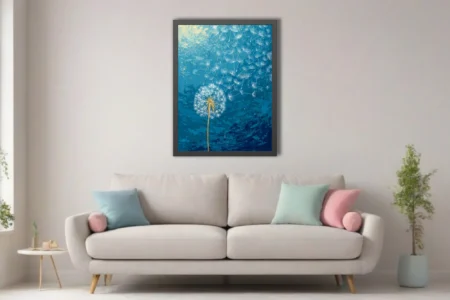 Abstract dandelion seeds drifting on deep blue watercolor-style background with gold accents