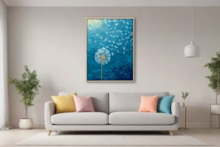 Abstract dandelion seeds drifting on deep blue watercolor-style background with gold accents