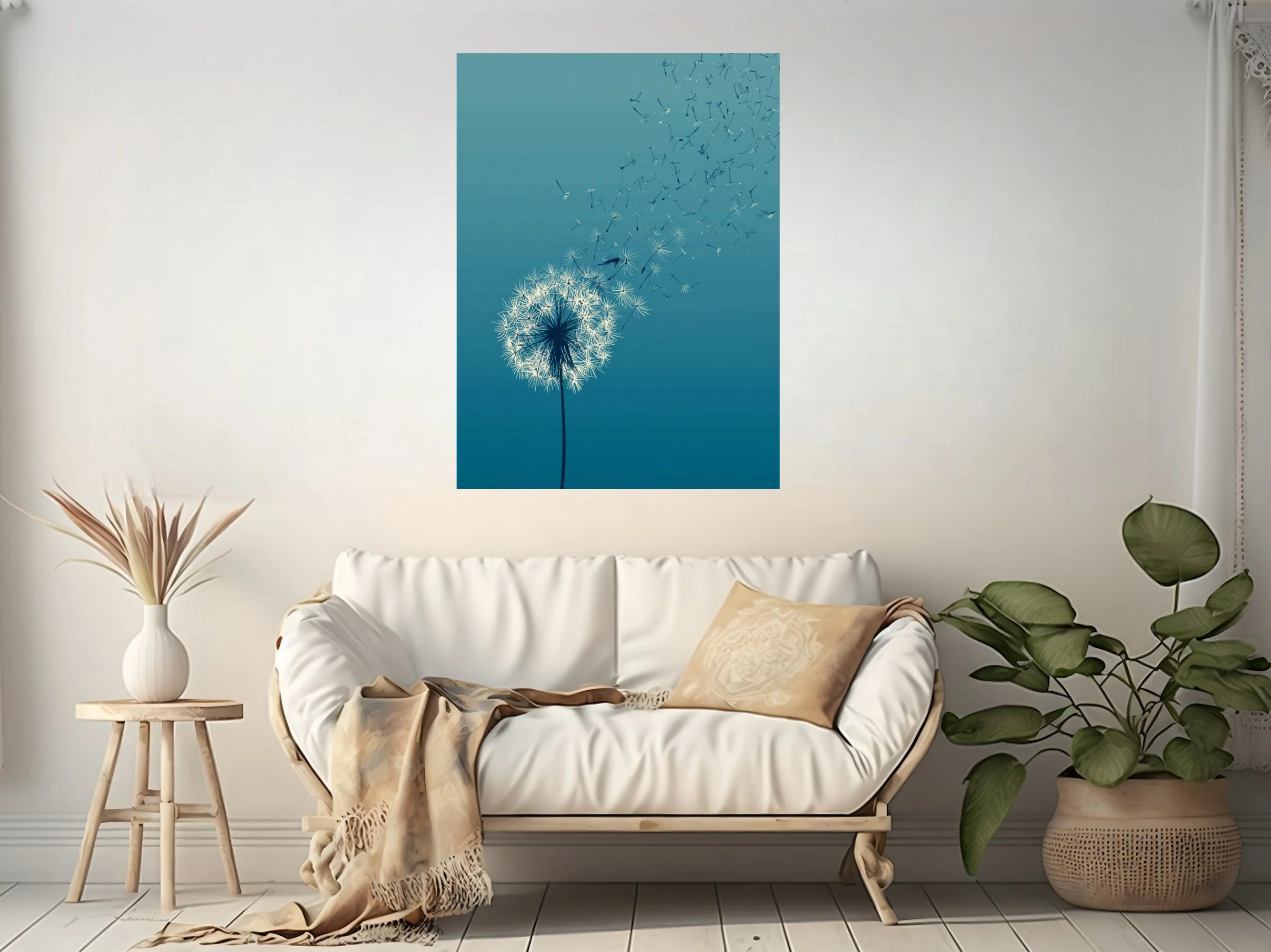 Minimalist teal dandelion seeds dispersing in wind — white on blue gradient