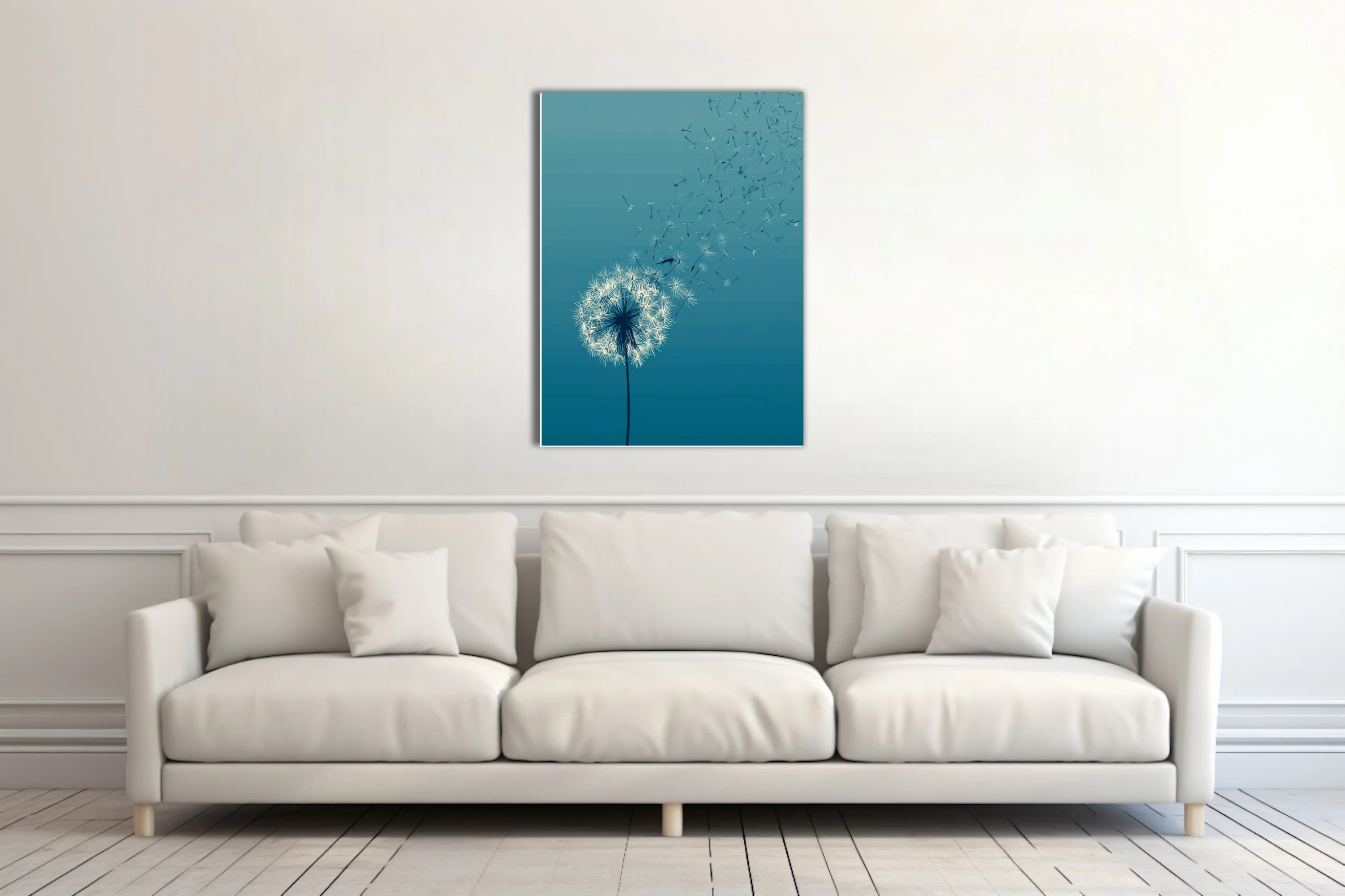 Minimalist teal dandelion seeds dispersing in wind — white on blue gradient