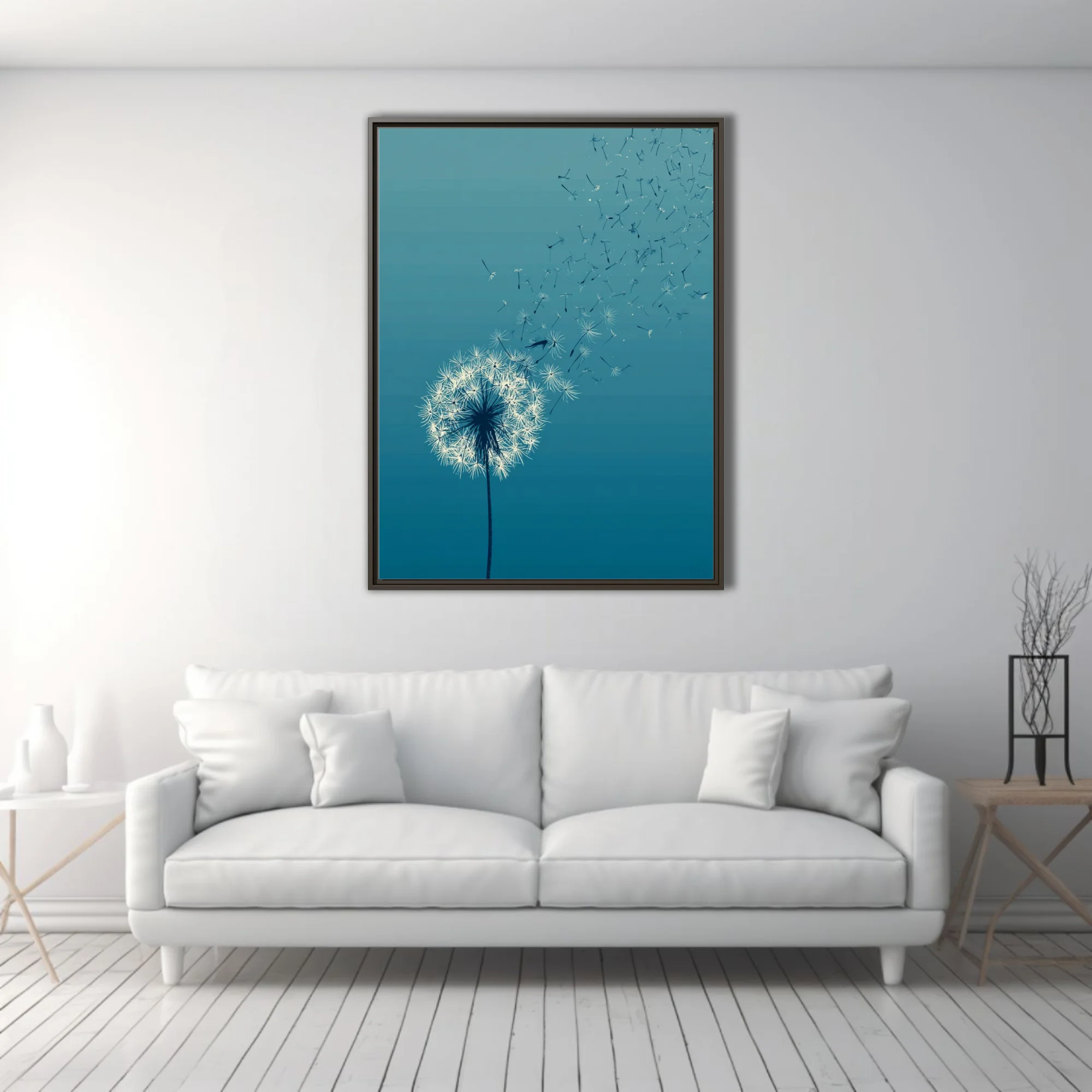 Minimalist teal dandelion seeds dispersing in wind — white on blue gradient