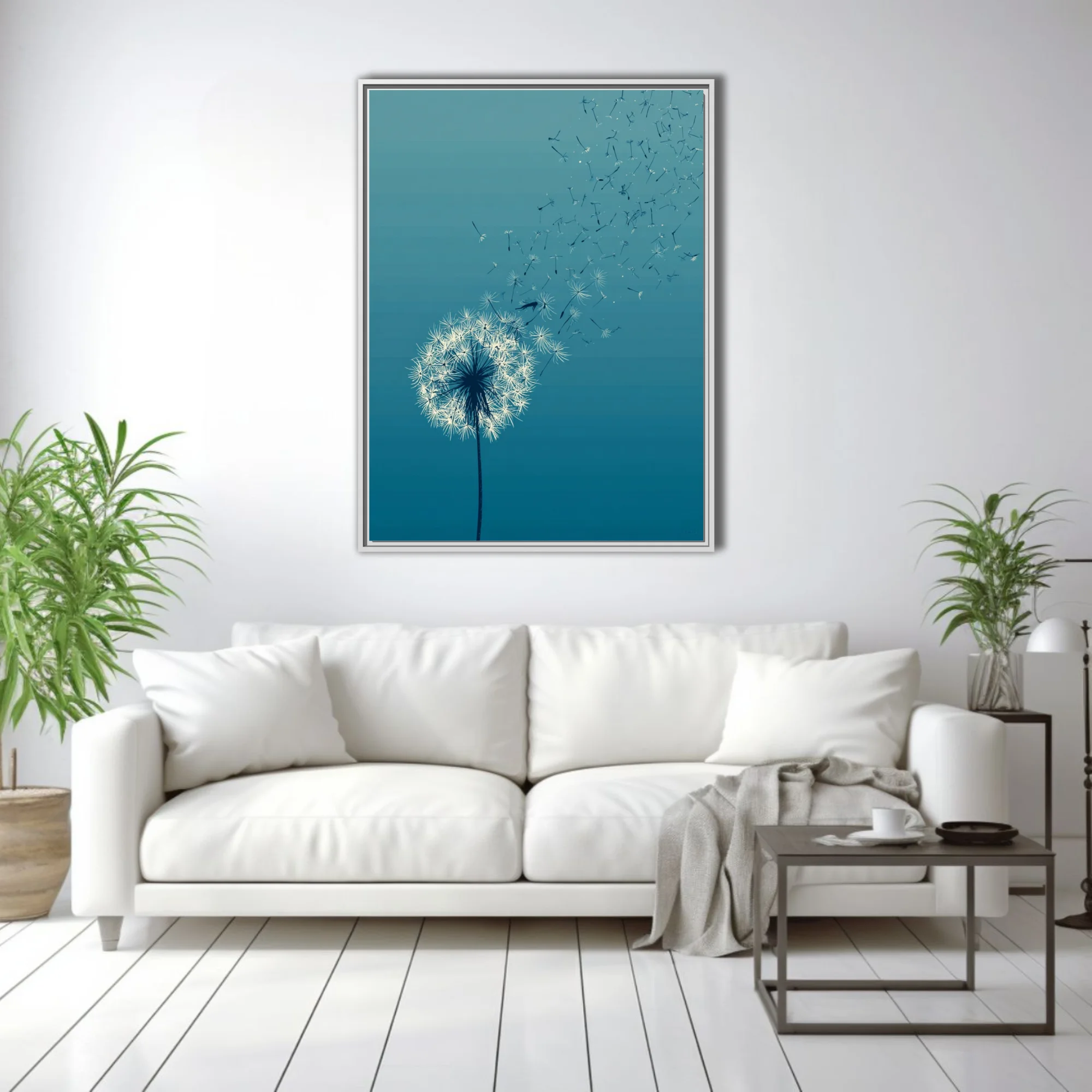 Minimalist teal dandelion seeds dispersing in wind — white on blue gradient