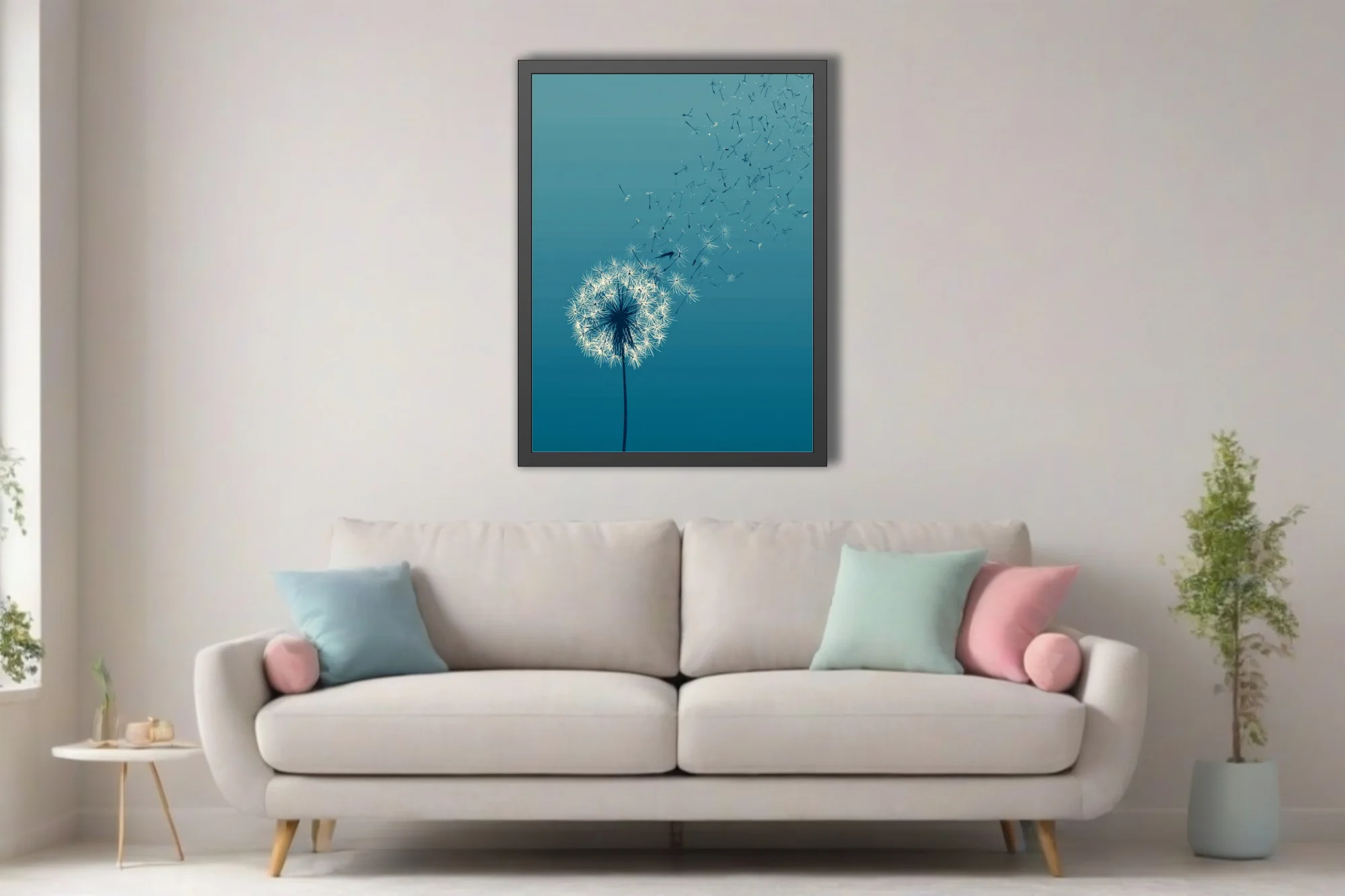 Minimalist teal dandelion seeds dispersing in wind — white on blue gradient