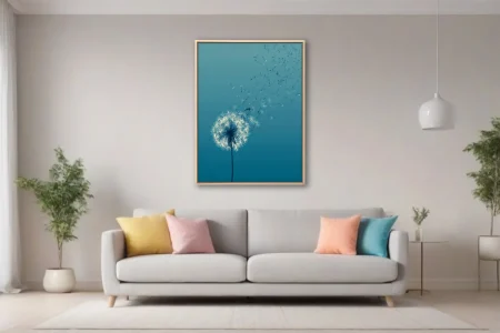 Minimalist teal dandelion seeds dispersing in wind — white on blue gradient