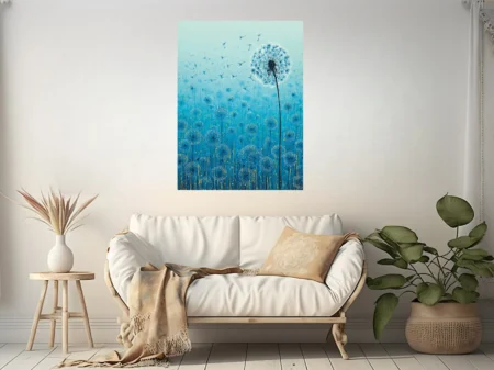 Abstract blue dandelion field with seeds drifting, teal gradient, ink-style botanical art