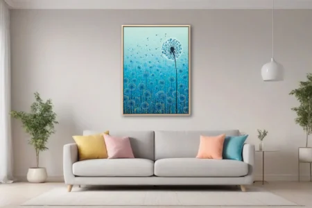 Abstract blue dandelion field with seeds drifting, teal gradient, ink-style botanical art