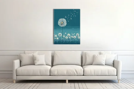 Minimalist teal dandelion illustration with seeds drifting in the wind