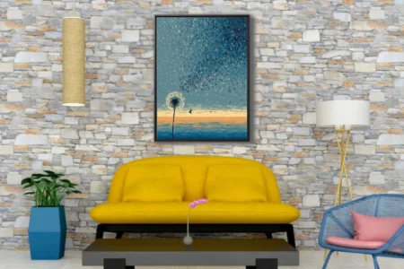 Minimalist blue dandelion seeds drifting over calm seascape, graphic flat-style wall art