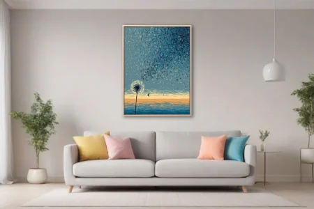 Minimalist blue dandelion seeds drifting over calm seascape, graphic flat-style wall art