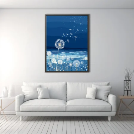 Flat graphic white dandelions releasing seeds against deep blue coastal twilight