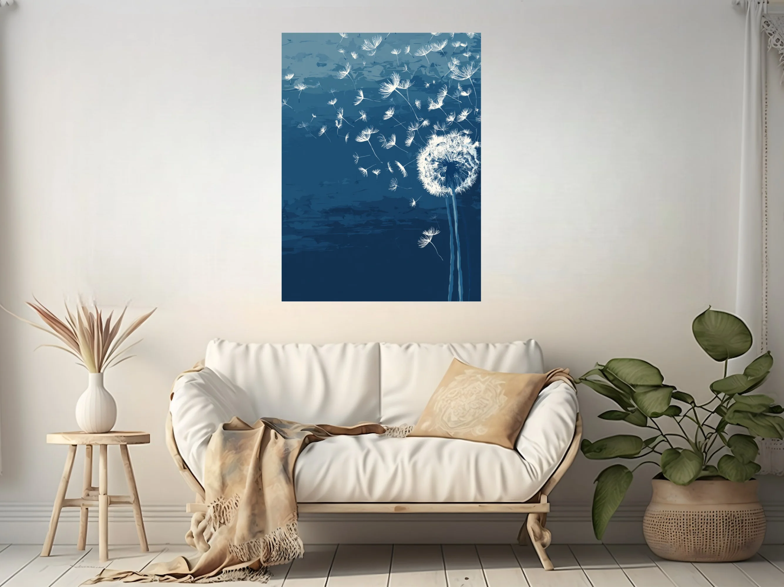 Abstract dandelion seeds drifting on navy blue ink-wash-style botanical illustration