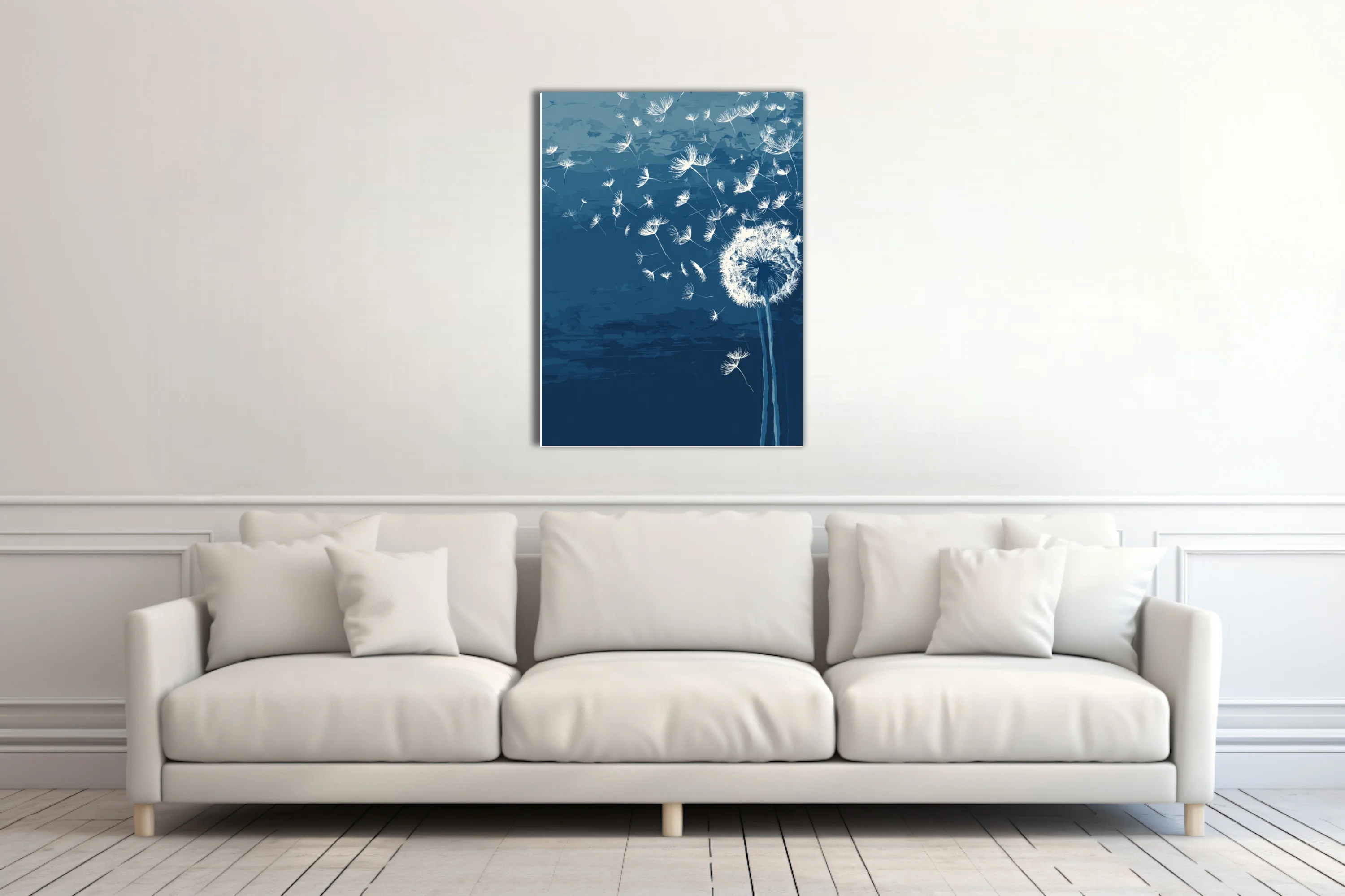 Abstract dandelion seeds drifting on navy blue ink-wash-style botanical illustration