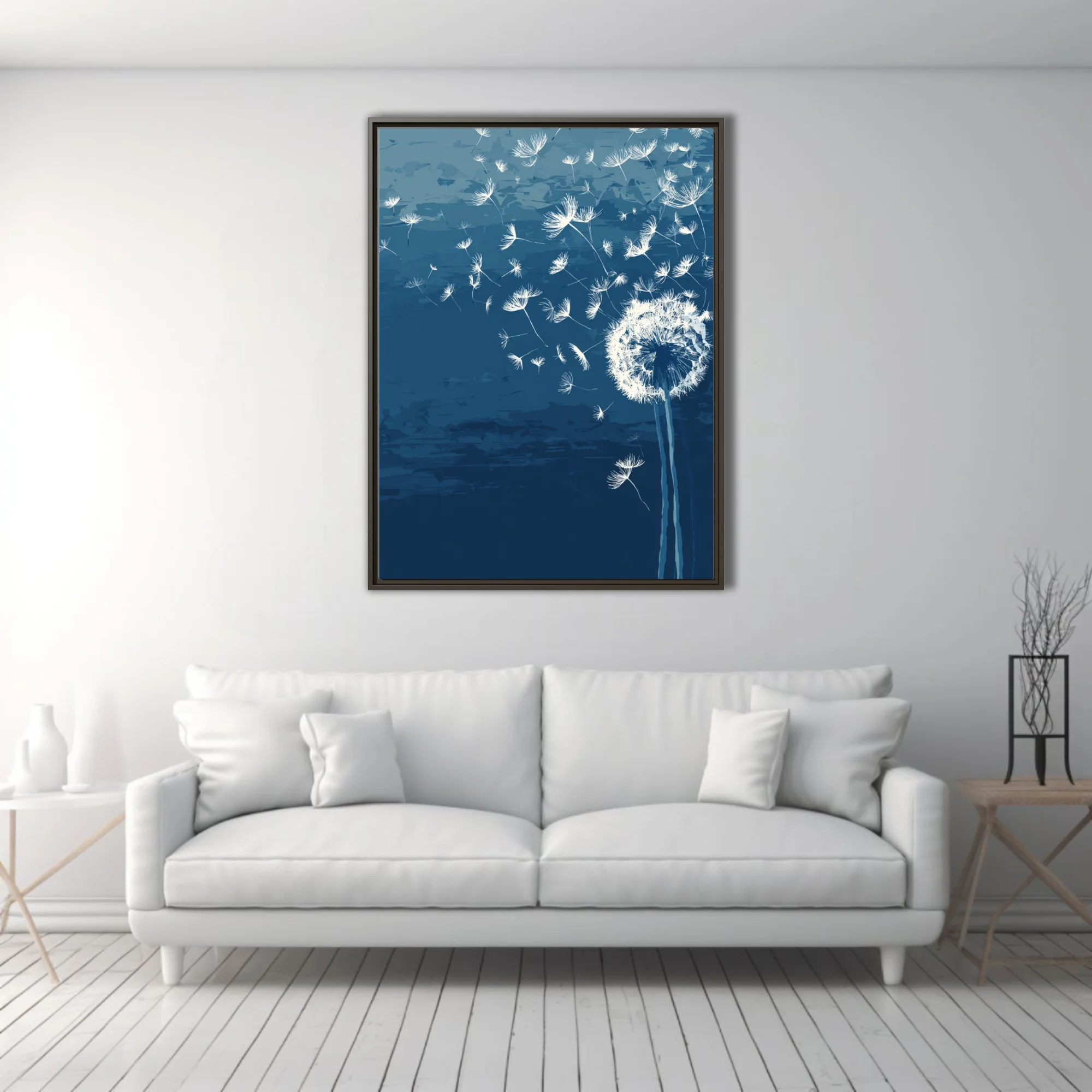 Abstract dandelion seeds drifting on navy blue ink-wash-style botanical illustration