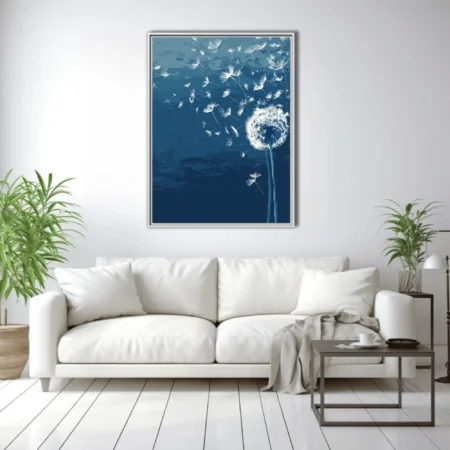 Abstract dandelion seeds drifting on navy blue ink-wash-style botanical illustration