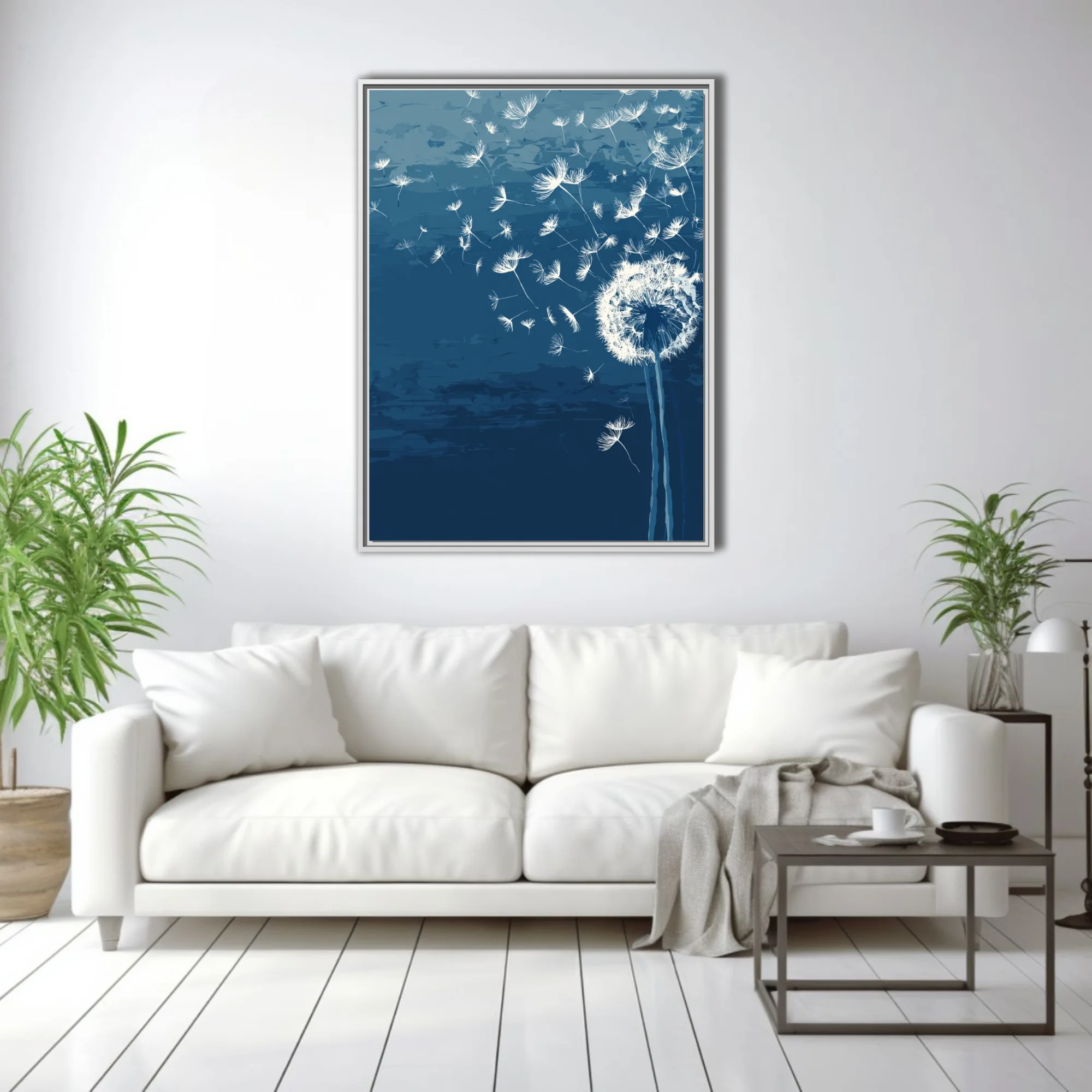 Abstract dandelion seeds drifting on navy blue ink-wash-style botanical illustration