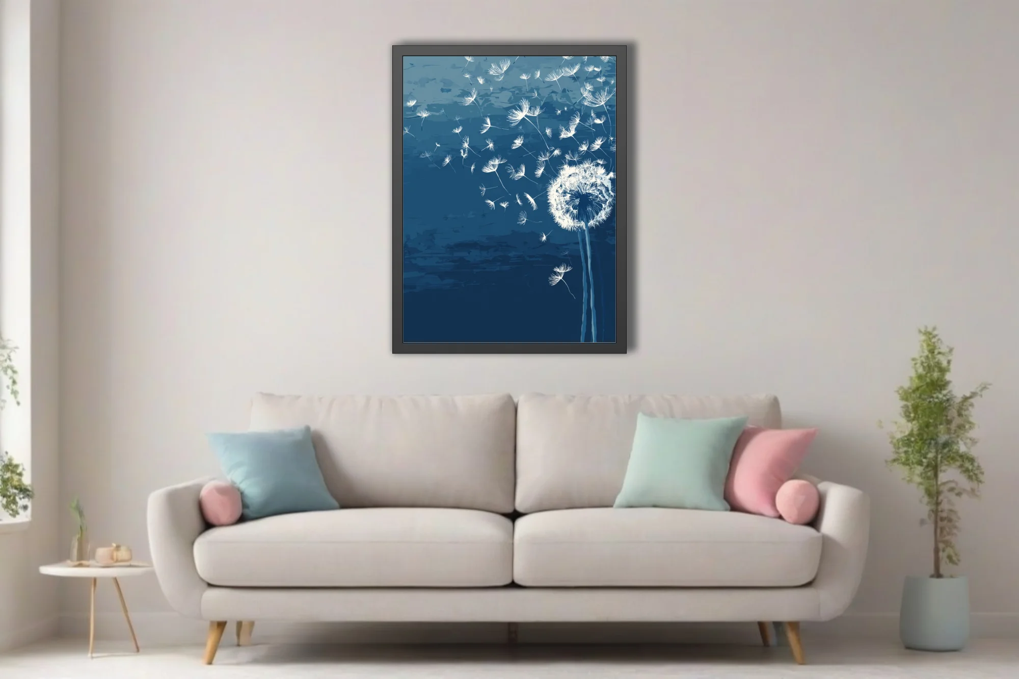 Abstract dandelion seeds drifting on navy blue ink-wash-style botanical illustration