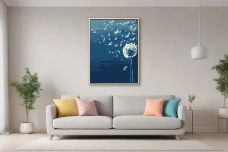 Abstract dandelion seeds drifting on navy blue ink-wash-style botanical illustration