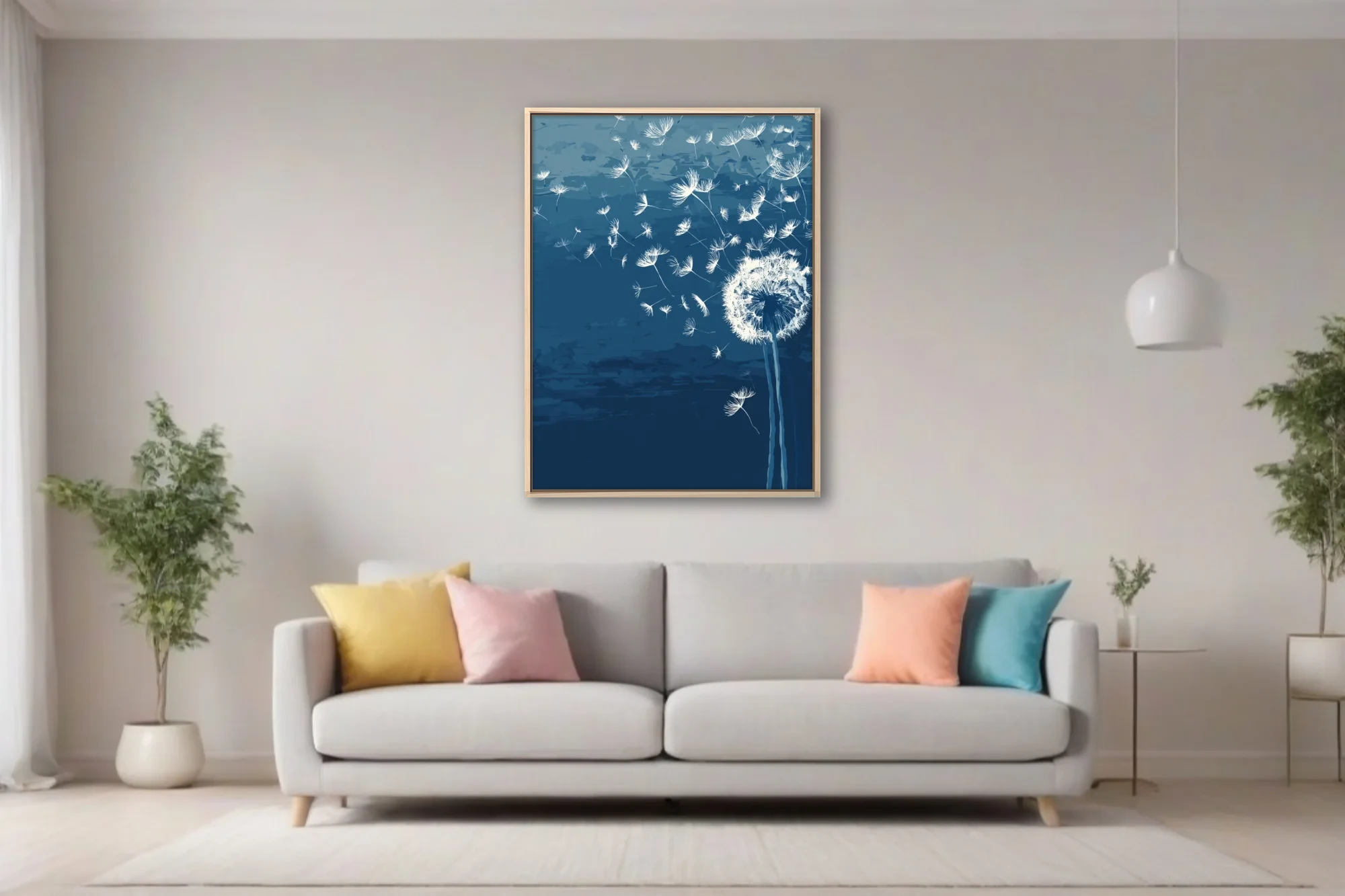 Abstract dandelion seeds drifting on navy blue ink-wash-style botanical illustration