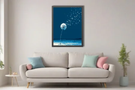 Graphic blue dandelion with seeds blowing away, bold white contrast on cobalt