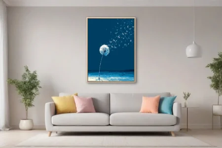 Graphic blue dandelion with seeds blowing away, bold white contrast on cobalt