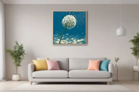 Linocut-style dandelion clock with seeds scattering on deep teal background