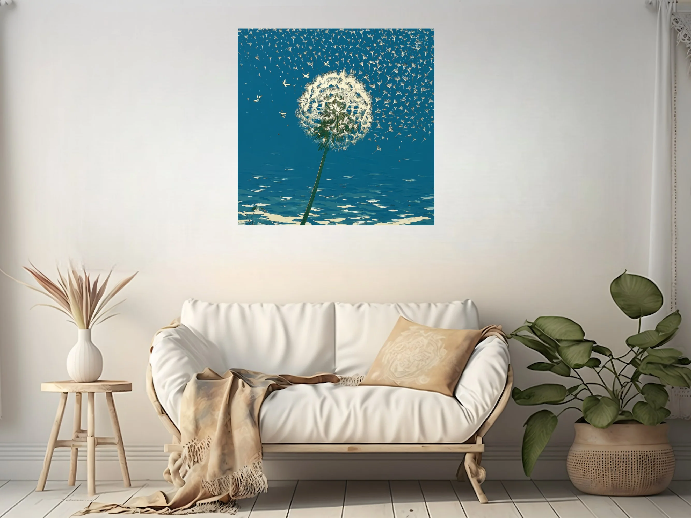 Graphic teal dandelion with seeds floating in the wind — bold botanical wall art
