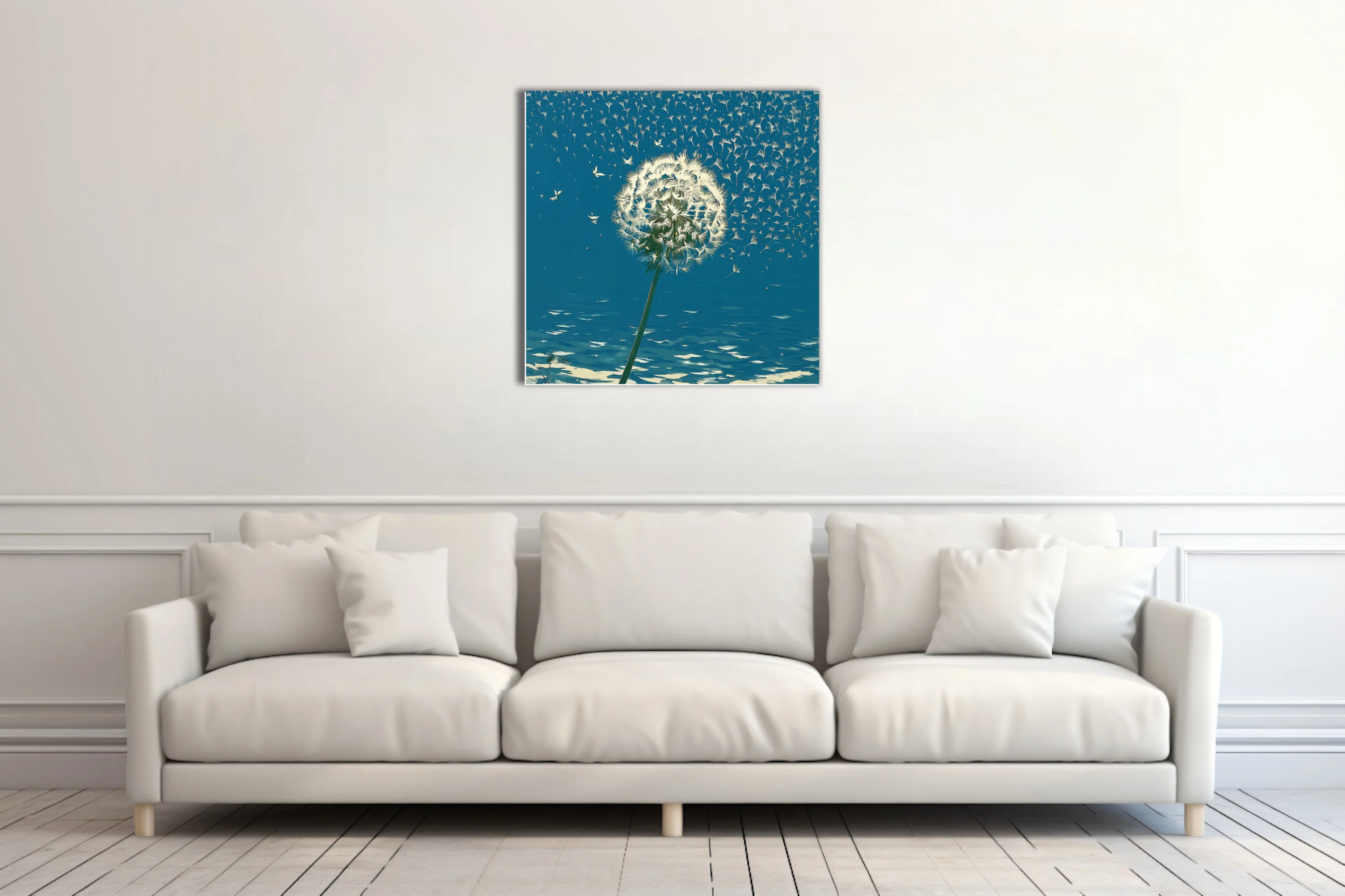 Graphic teal dandelion with seeds floating in the wind — bold botanical wall art