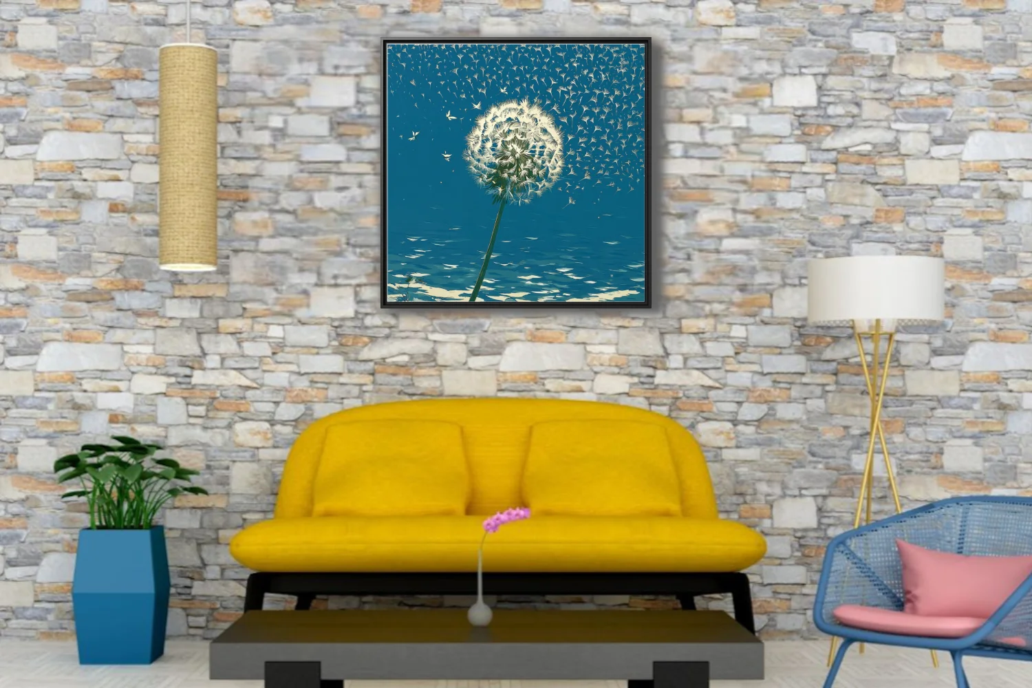 Graphic teal dandelion with seeds floating in the wind — bold botanical wall art