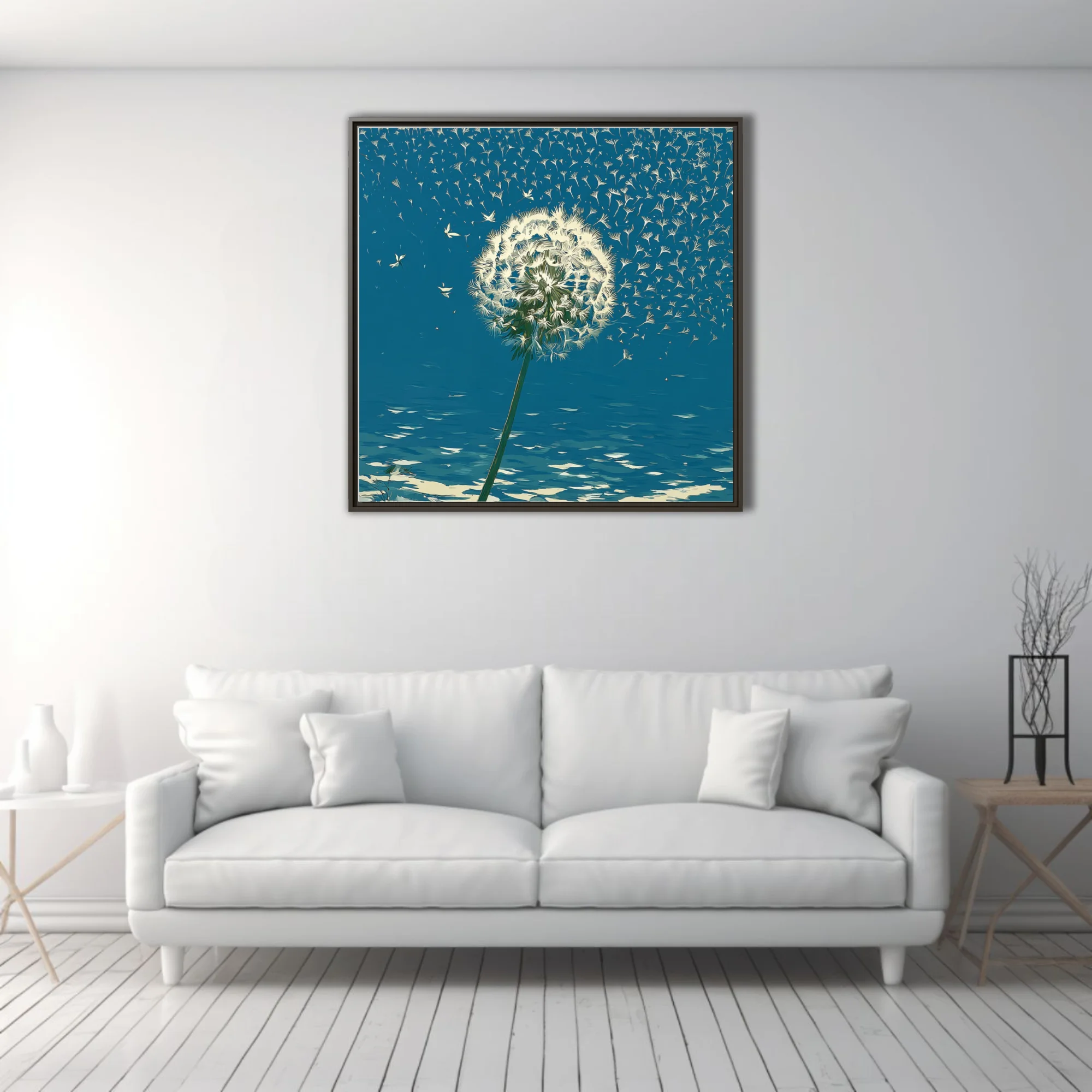 Graphic teal dandelion with seeds floating in the wind — bold botanical wall art