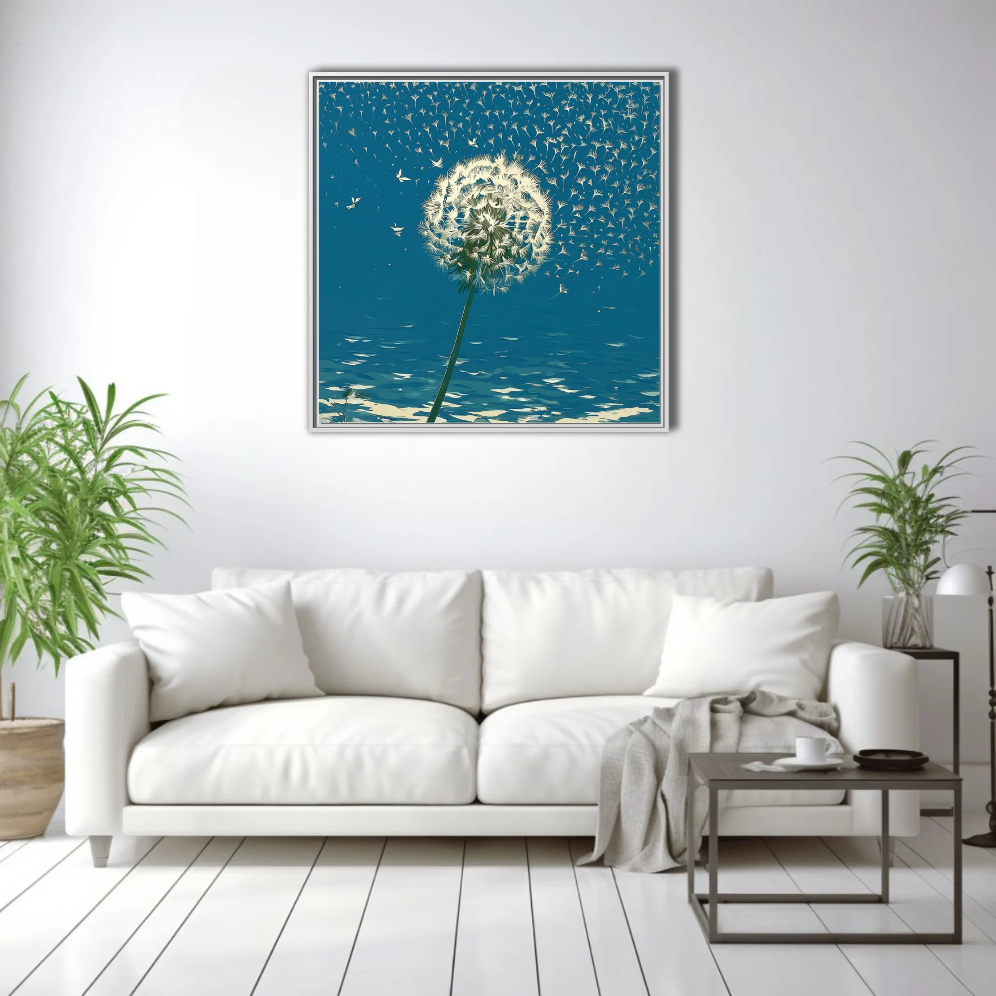 Graphic teal dandelion with seeds floating in the wind — bold botanical wall art