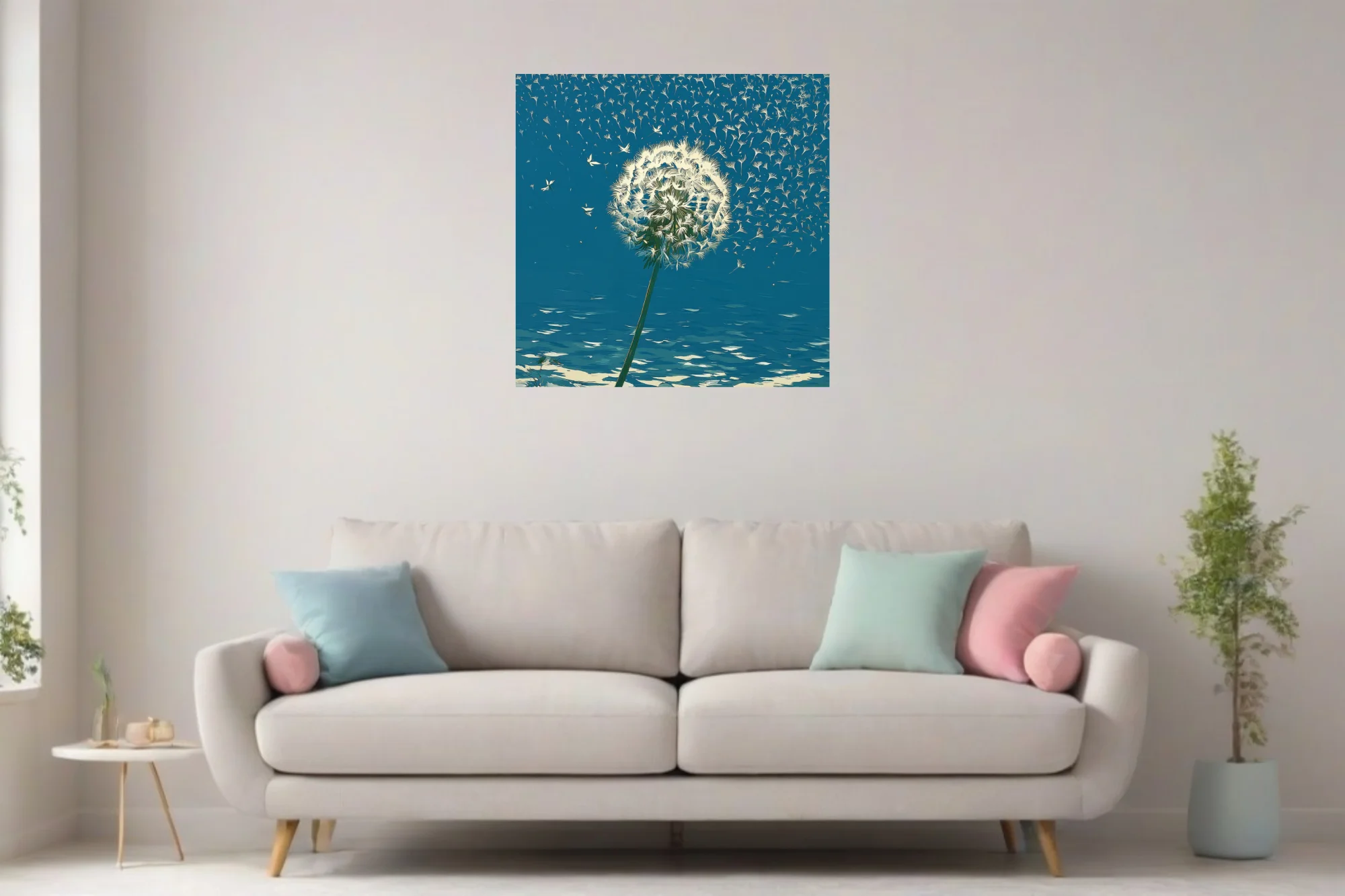 Graphic teal dandelion with seeds floating in the wind — bold botanical wall art