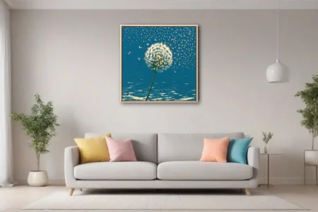 Graphic teal dandelion with seeds floating in the wind — bold botanical wall art