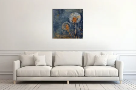 Painterly dandelion botanicals in gold and white on textured indigo blue background