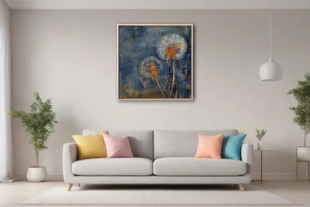 Painterly dandelion botanicals in gold and white on textured indigo blue background