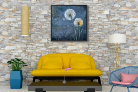 Dandelion puffs on deep blue textured ground, contemporary mixed-media-style botanical wall art
