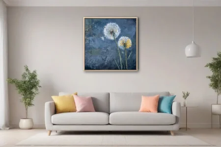 Dandelion puffs on deep blue textured ground, contemporary mixed-media-style botanical wall art