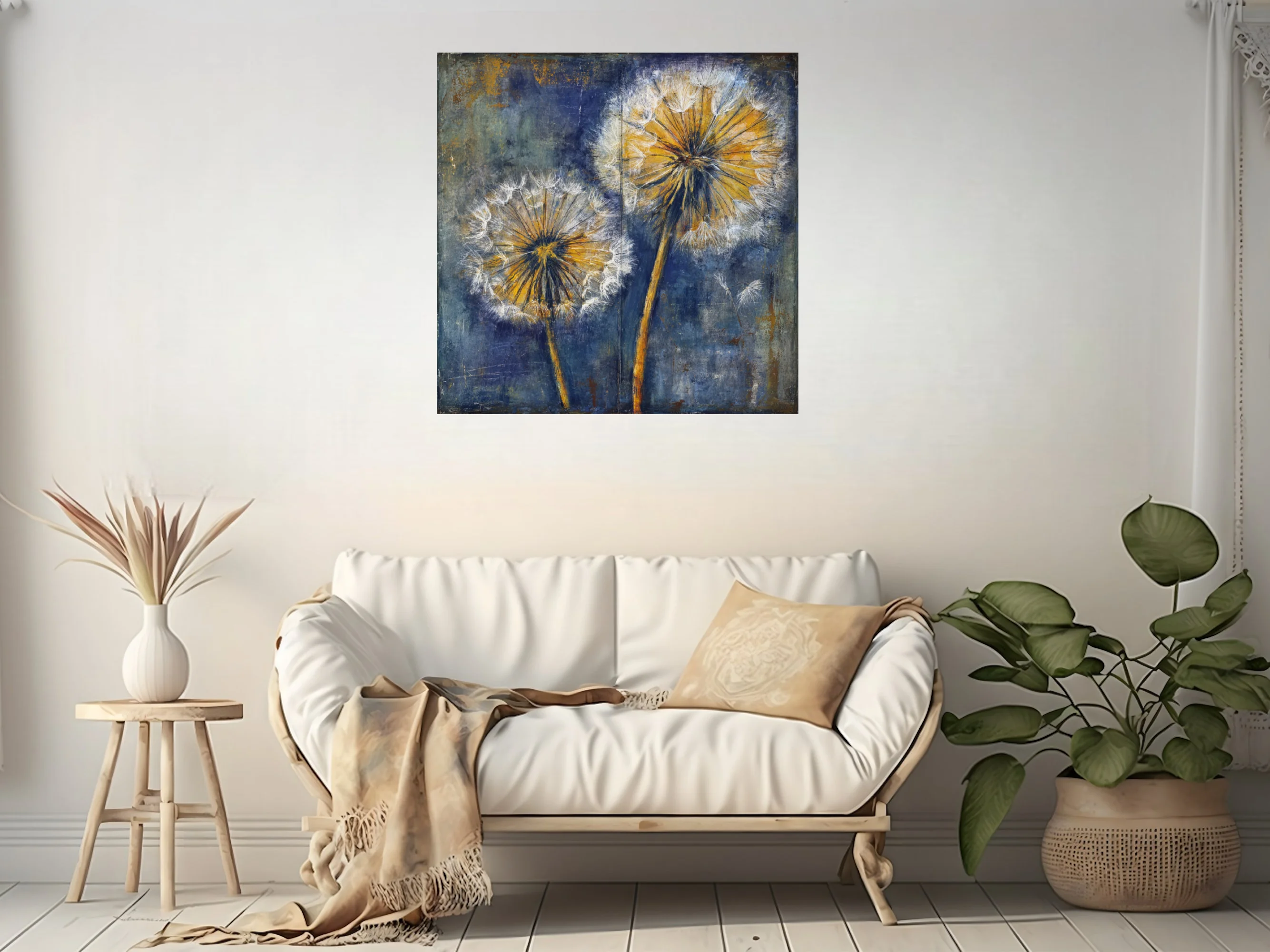 Painterly dandelion seed heads in gold and navy blue on distressed background