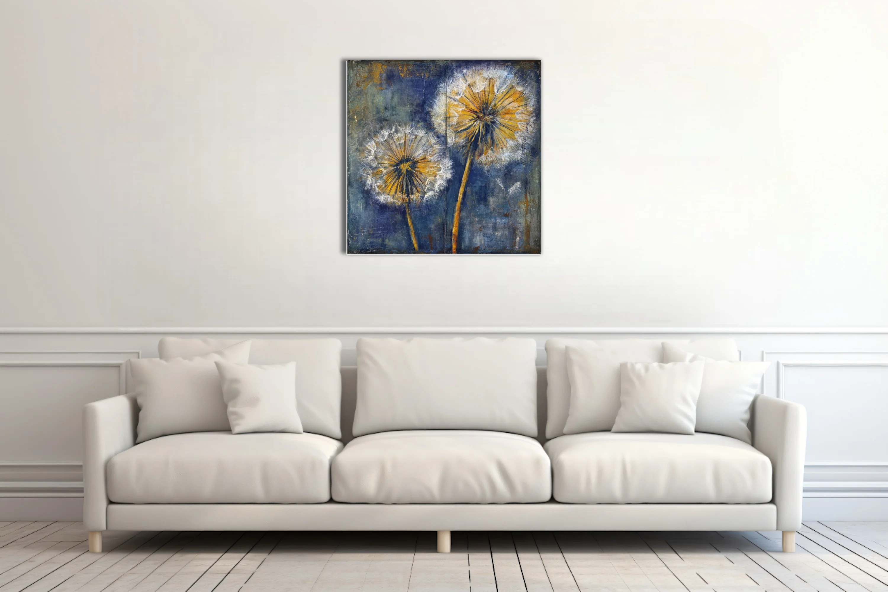 Painterly dandelion seed heads in gold and navy blue on distressed background
