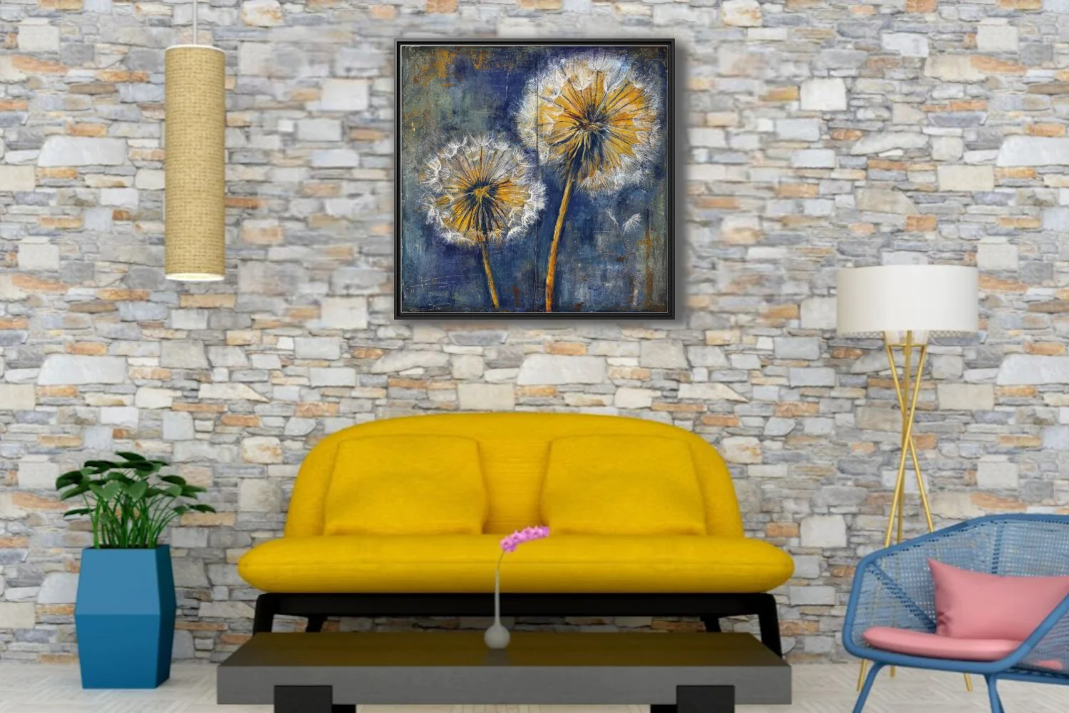 Painterly dandelion seed heads in gold and navy blue on distressed background