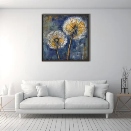 Painterly dandelion seed heads in gold and navy blue on distressed background
