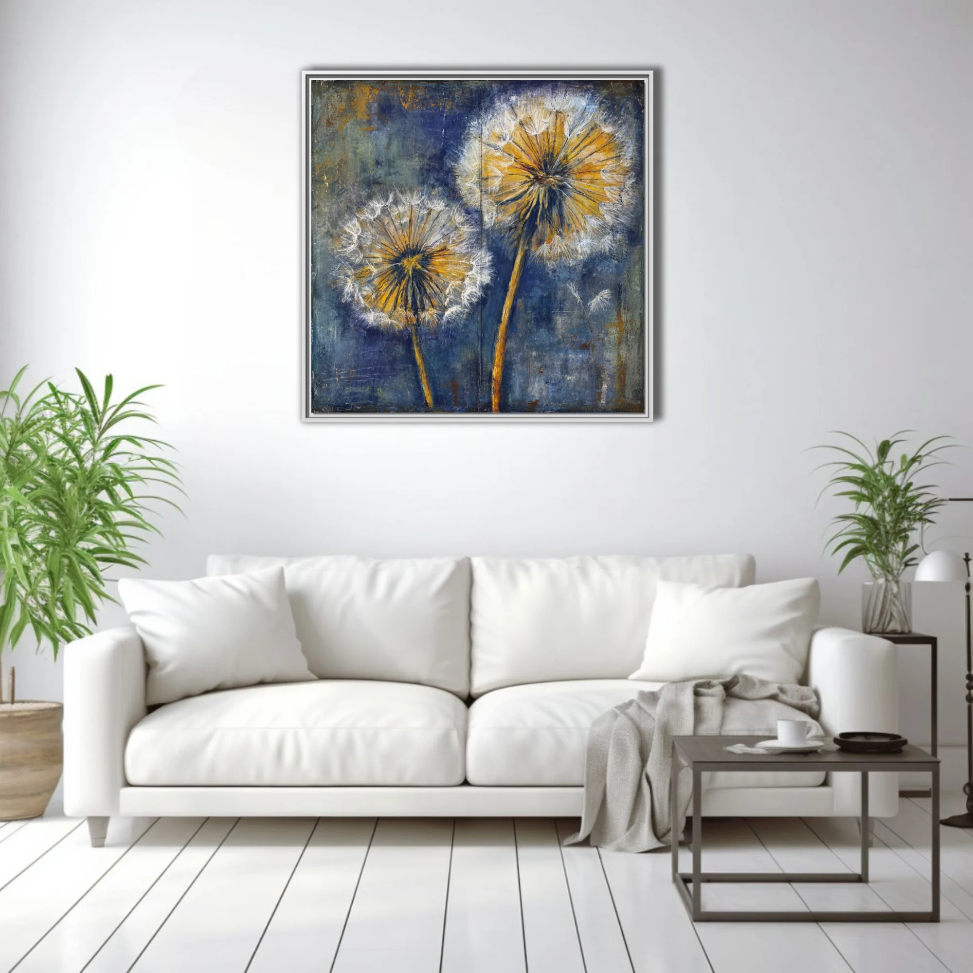 Painterly dandelion seed heads in gold and navy blue on distressed background