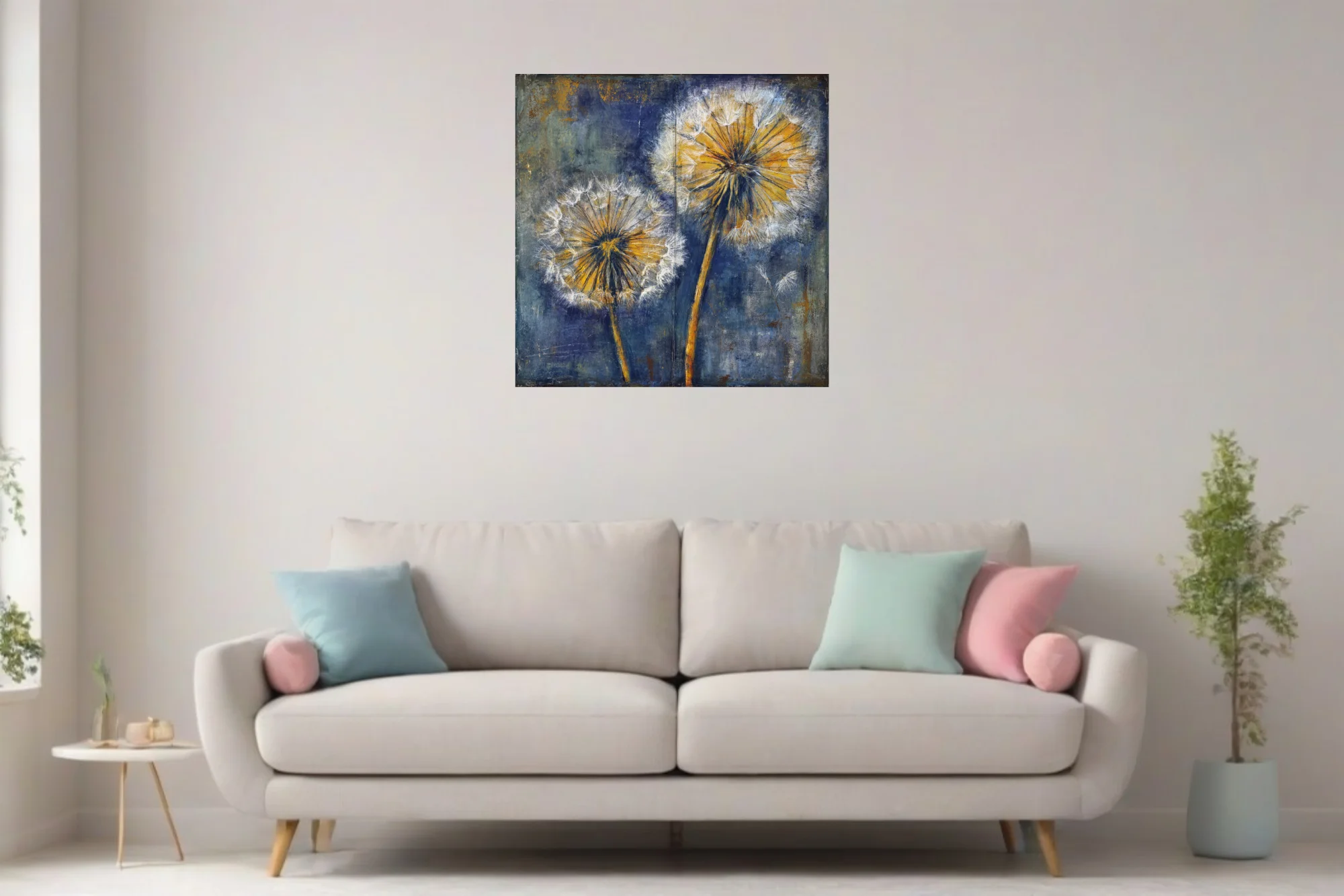 Painterly dandelion seed heads in gold and navy blue on distressed background