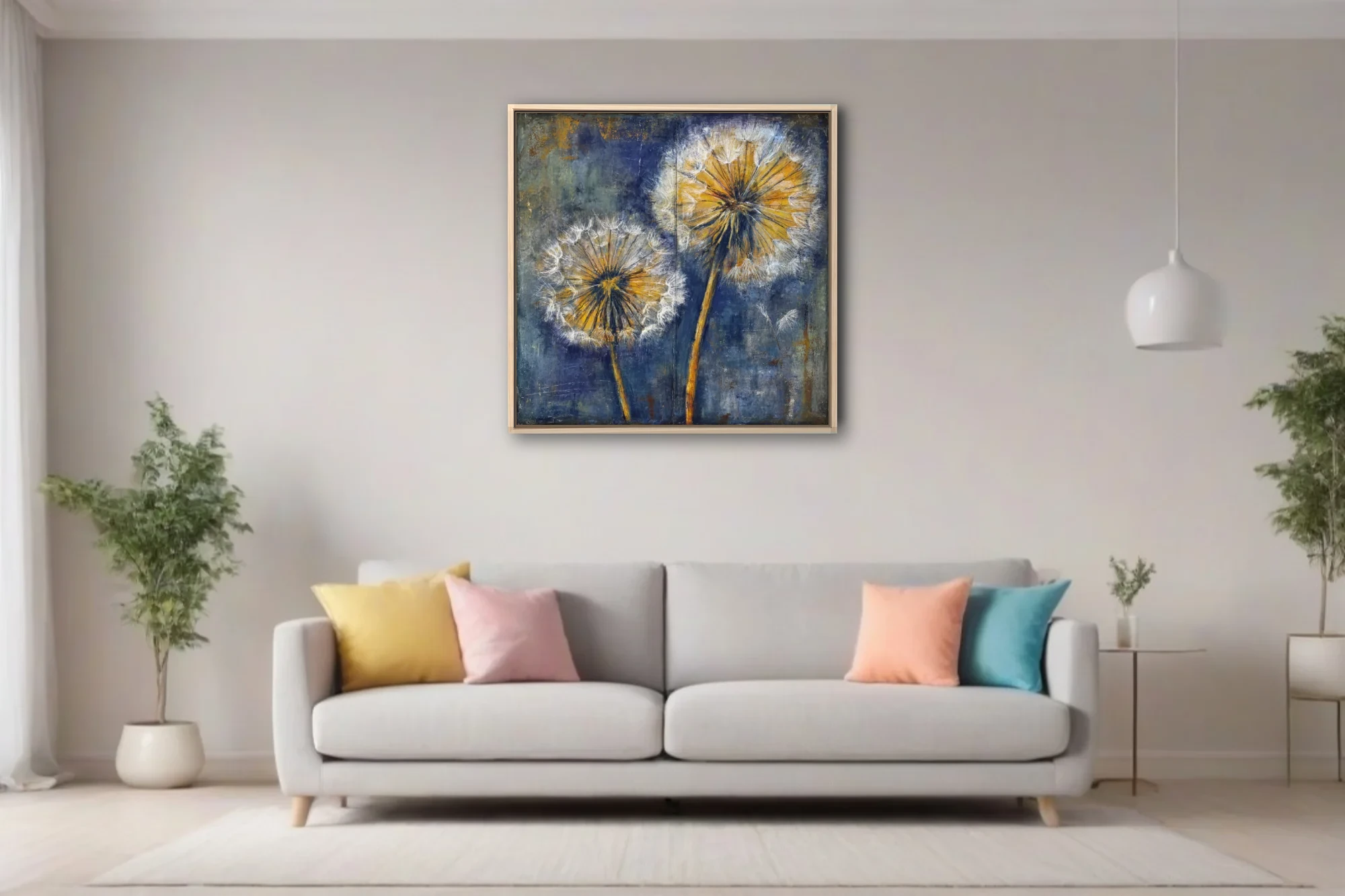 Painterly dandelion seed heads in gold and navy blue on distressed background