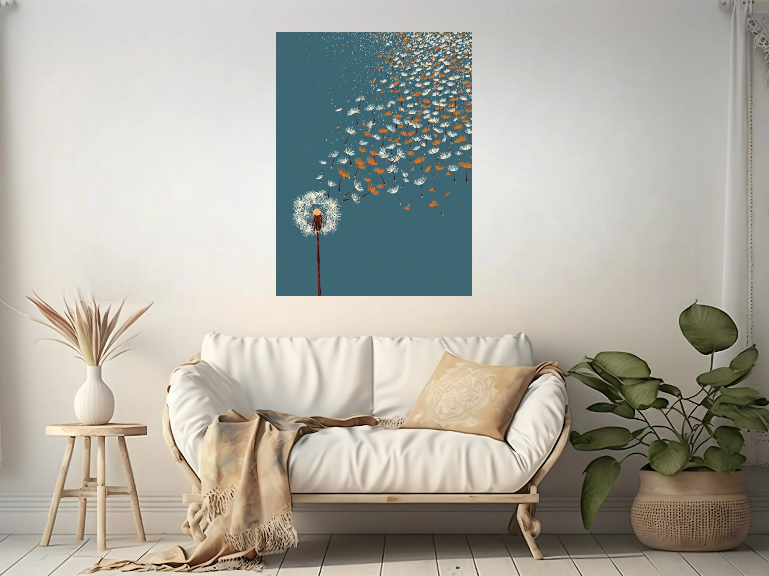 Minimalist dandelion seeds drifting on teal blue — white and amber graphic illustration