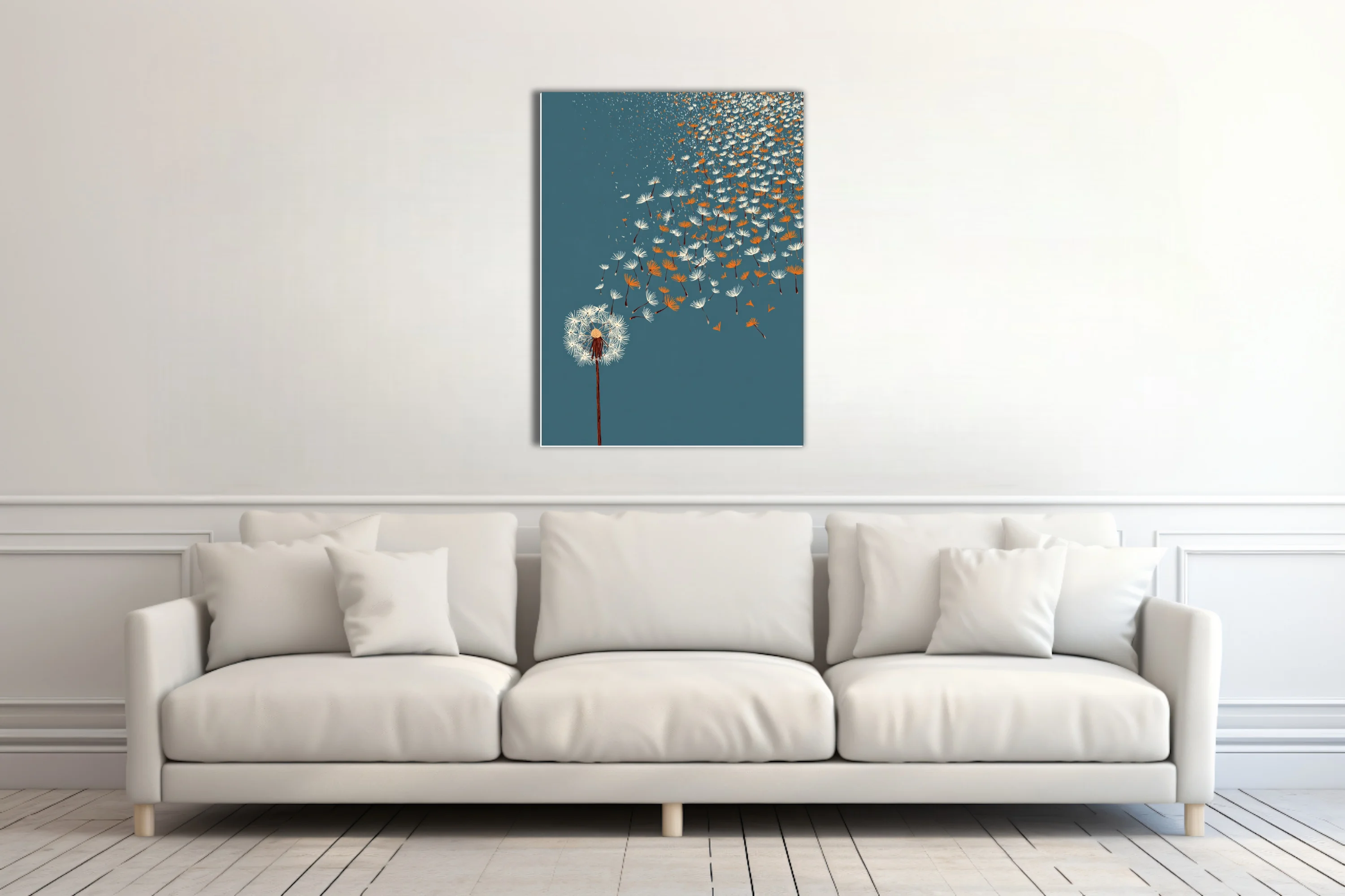 Minimalist dandelion seeds drifting on teal blue — white and amber graphic illustration