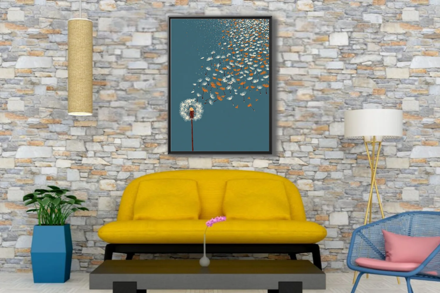 Minimalist dandelion seeds drifting on teal blue — white and amber graphic illustration