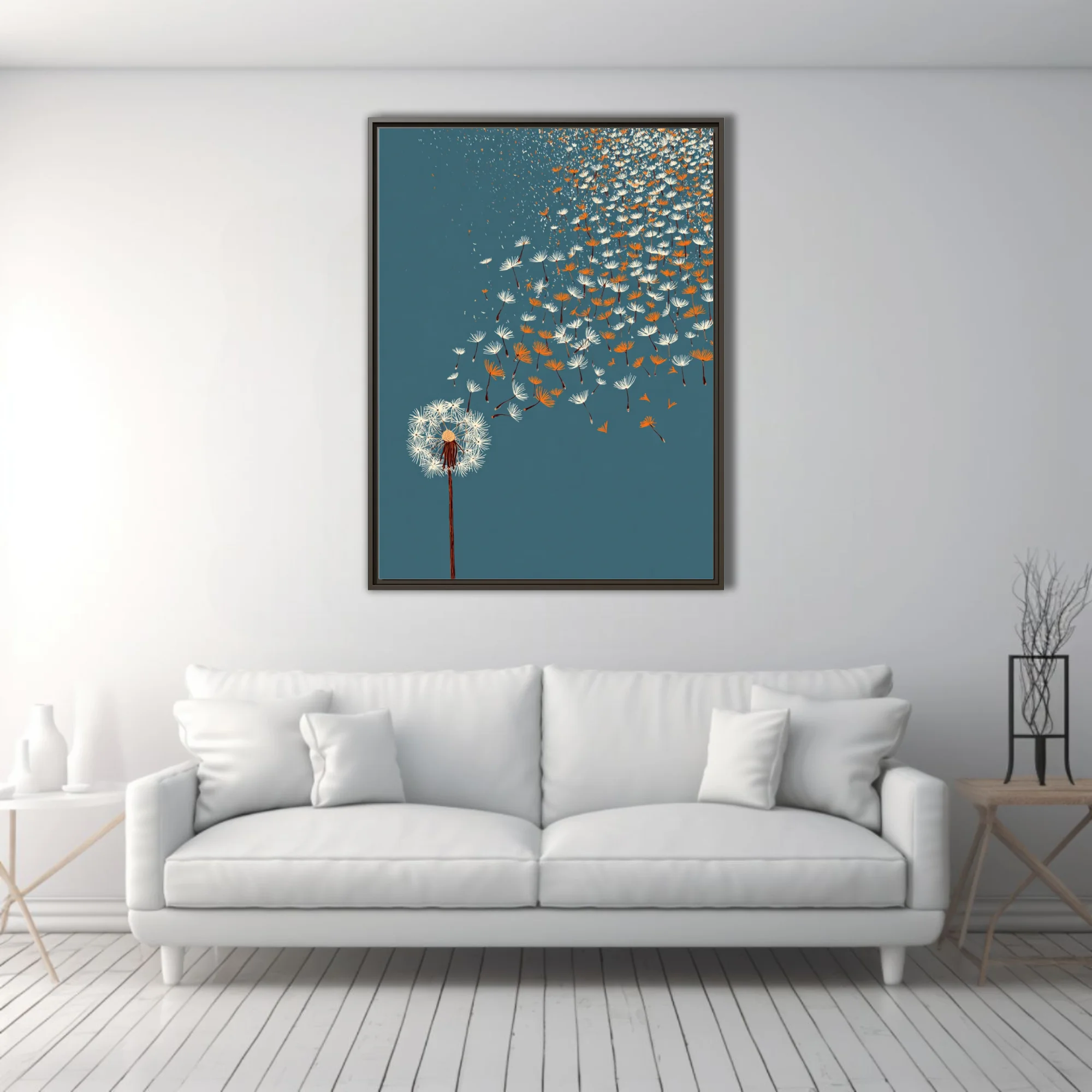 Minimalist dandelion seeds drifting on teal blue — white and amber graphic illustration