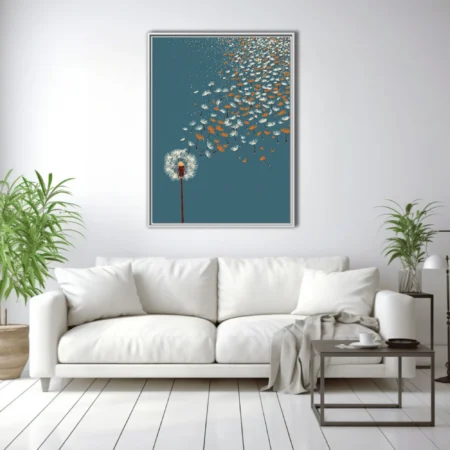 Minimalist dandelion seeds drifting on teal blue — white and amber graphic illustration