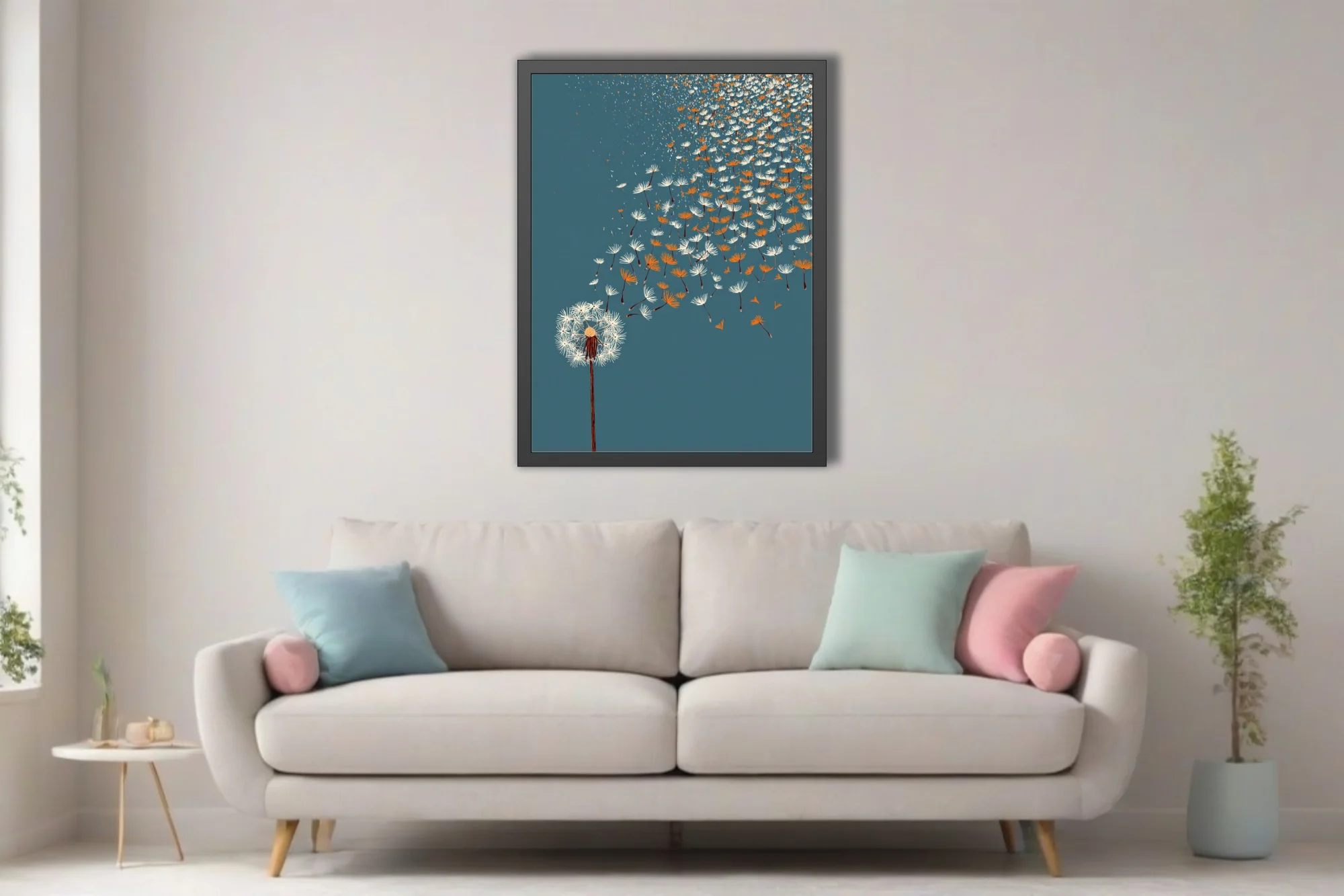 Minimalist dandelion seeds drifting on teal blue — white and amber graphic illustration
