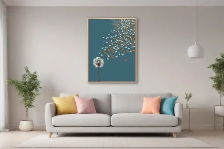 Minimalist dandelion seeds drifting on teal blue — white and amber graphic illustration